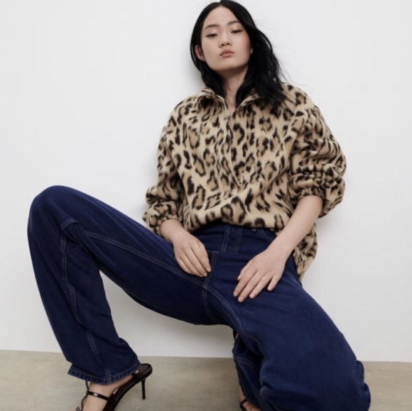 Zara Sweaters - Zara Oversized Leopard Print Polo Wool Blend Sweatshirt Size M